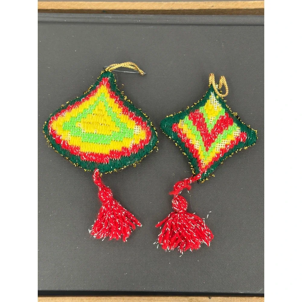 Vintage Handmade Needlepoint Christmas Ornaments Set 2 Red Green Yellow Tassels